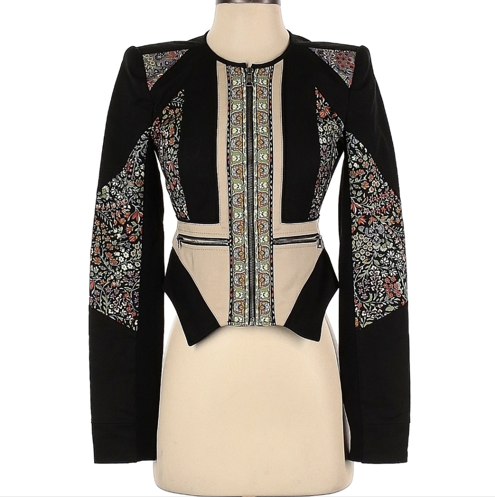 BCBGMaxAzria Black Floral Embroidered Zip-Front Jacket with Beige Trim